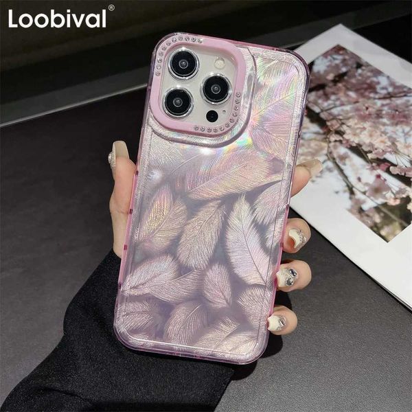 Glitter Feather Laser Electroplating Phone Case for iPhone 16 15 14 13 12 Pro Max 16 Plus Bling Shiny Drill Lens Frame PC Cover Z250122
