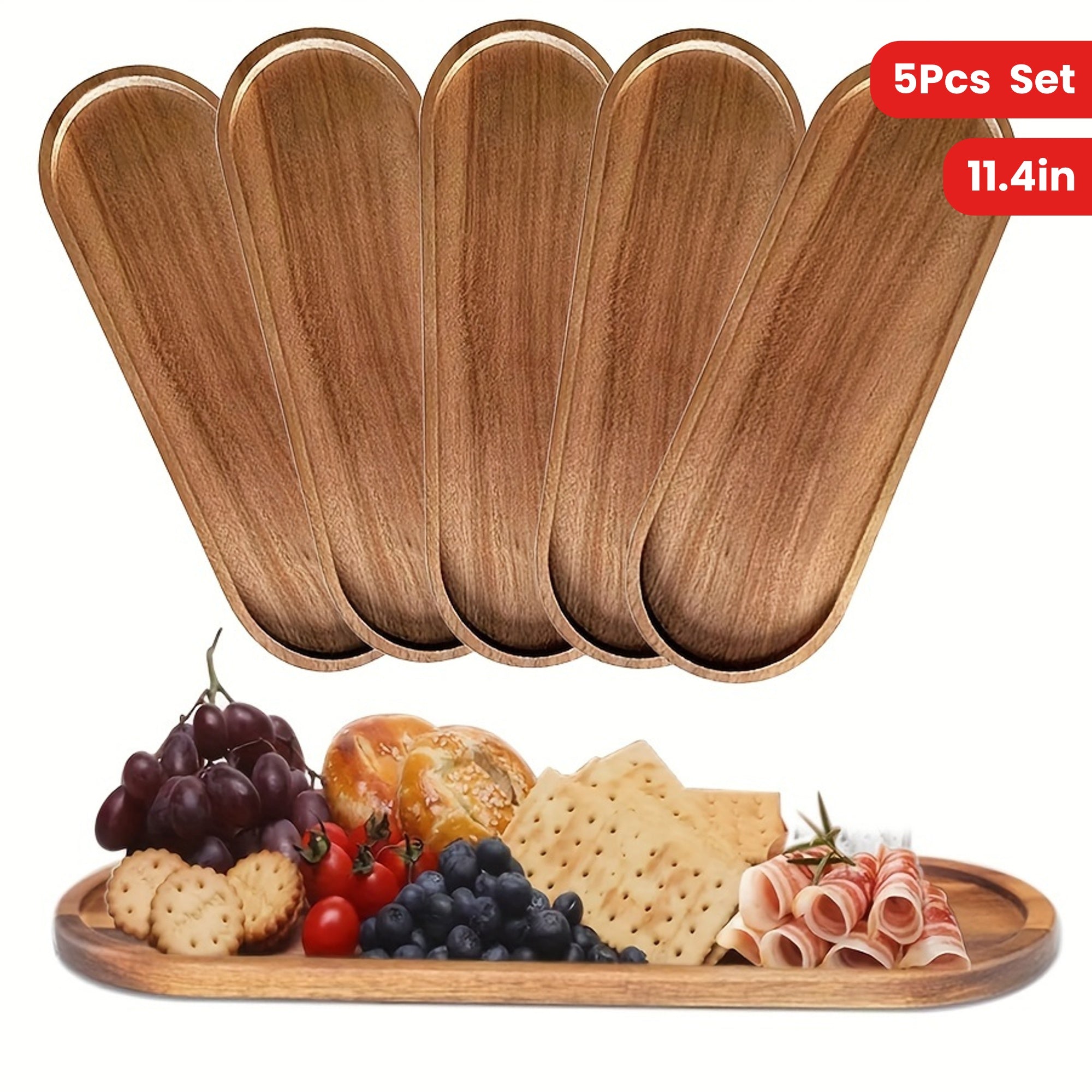 TEMU 5-pack Oval Solid Wood Plates And Trays, 11.4in Natural Acacia Wood Rustic Serving Boards, Bread, Tea, Coffee, And Breakfast Cheese Boards.