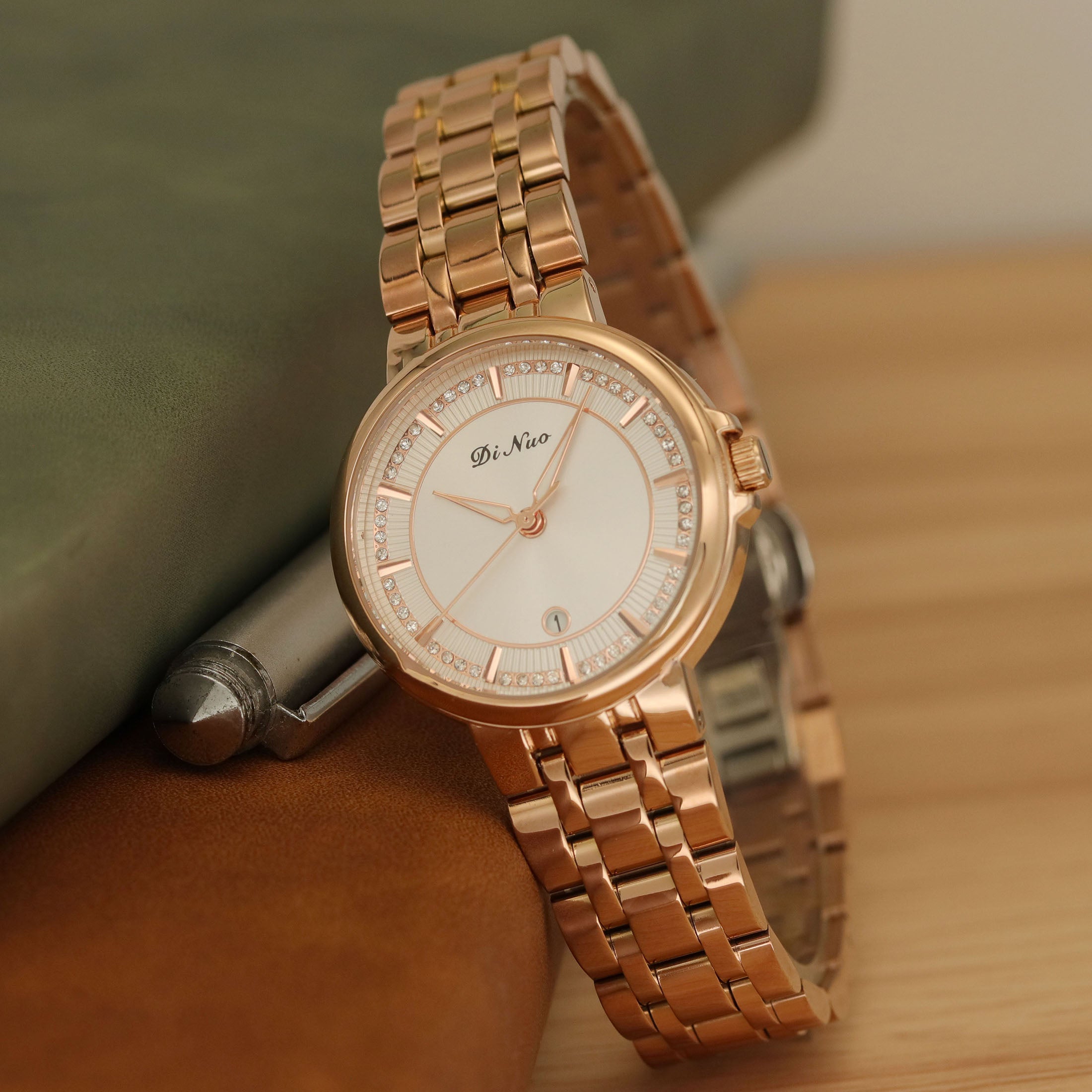 Dinuo Rose gold strap Watch Women&#039;s Watch Business Steel Belt Diamond Inlay Watch High-end Luxury Calendar Quartz Watch Gift Good Birthday Gift