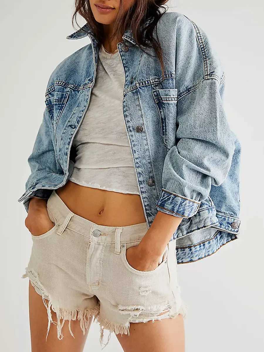 Women Denim Jacket with Pockets Long Sleeve Turn-down Collar Button Closure Solid Color Spring Fall Loose Coat StreetwearX240920