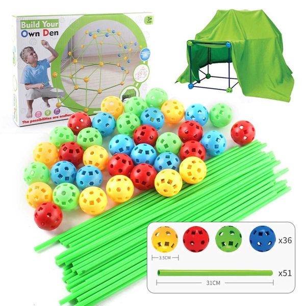 Christmas Toy Supplies 87pcs 51 Rods+36 Balls Tent Toy Building Kit Fort Builder Den Making Kit Gift For Christmas New Year And Birthday J24
