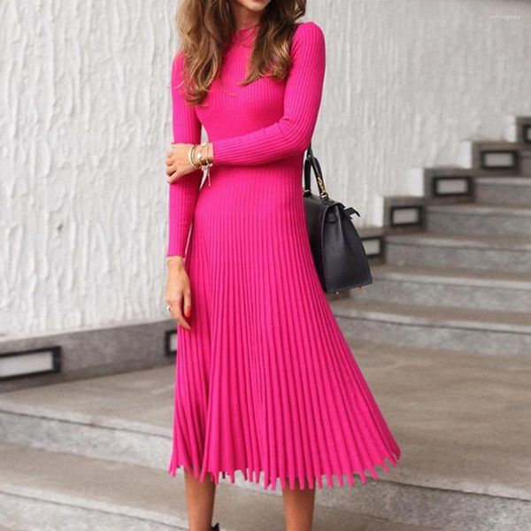 Casual Dresses Women Sweater Knitted Dress Pleated Flare 2022 Autumn Winter Pink Long Sleeve Knit Designer Sweaters Knitting Midi Fall