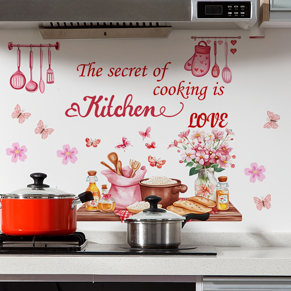 TEMU Pink Flower And Graphic Kitchen Wall Stickers Are So - Self-adhesive Decals For Home Decor, Reusable Space-themed Art With , Glass Surface