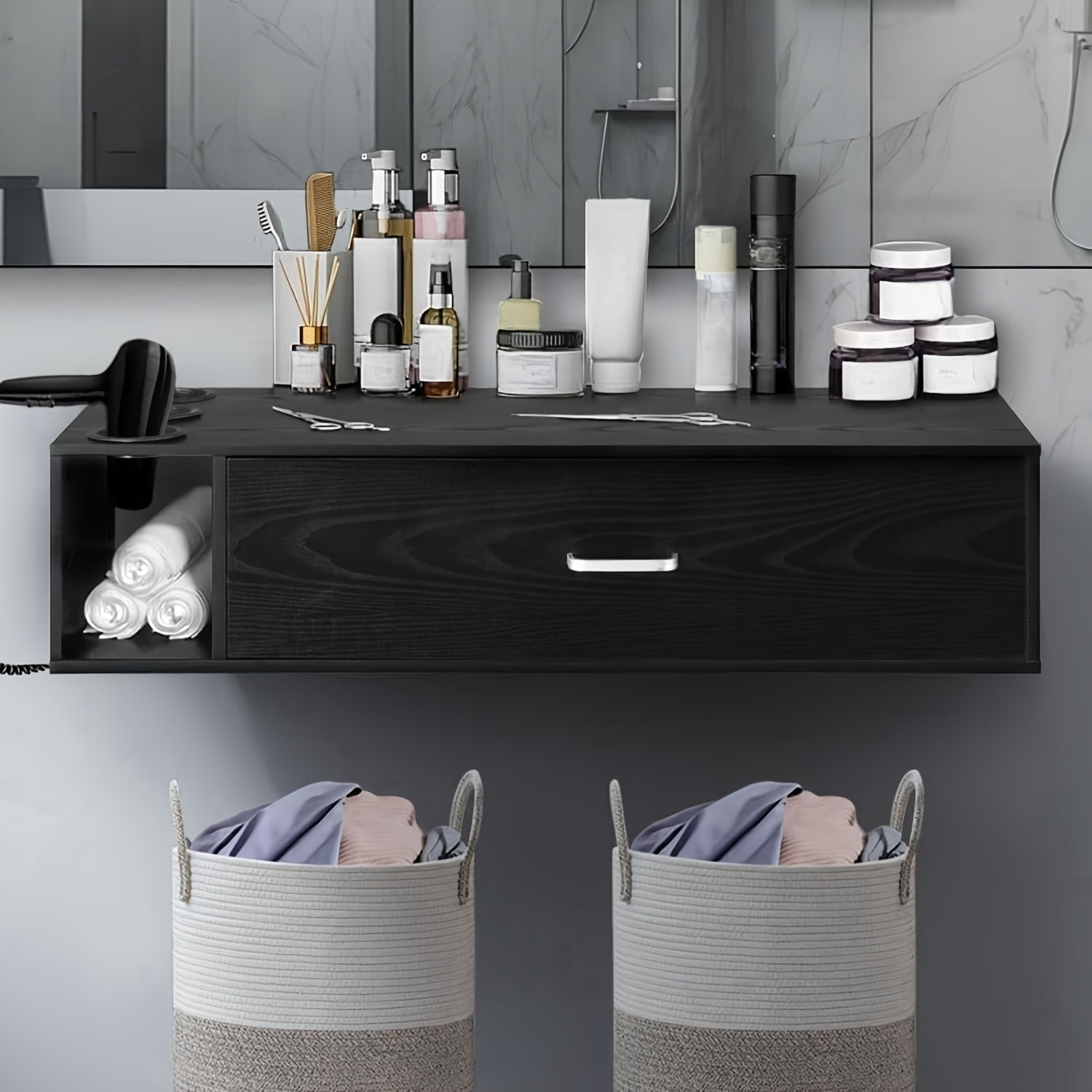 TEMU Wall Mount Cabinet, Beauty Equipment With Storage Drawer, 3 Dryer Holes & Open Shelves,