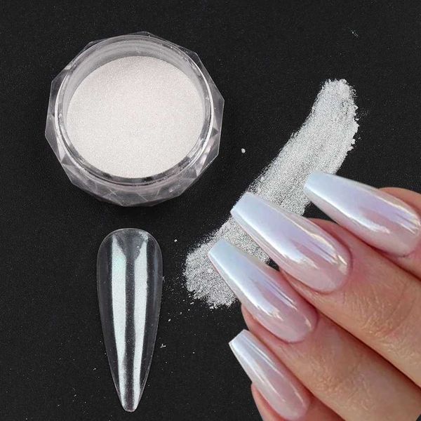 1 Box Pearl White Chrome Powder Nail Glitter Mirror Rubbing on Nails Mermaid Aurora Fine Pigment Polish Dust with Brush JIE01XJ240816
