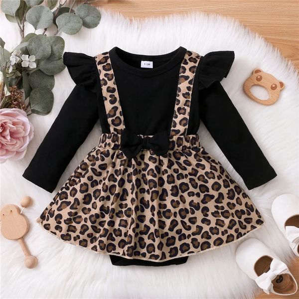 018Months born Baby Girl Dress with Bow Long Sleeve Leopard Dresses Onesie Clothing Autumn Infant Fashion Cute Jumpsuit 250110