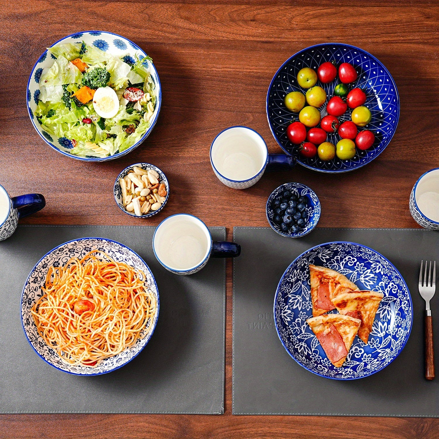 TEMU 4pcs Set, 45oz Ceramic - 8.5 Inch Vintage Blue Large Bowl, Suitable For Salad, Soup, Pasta, Dessert, Fruit - Microwave And Dishwasher Safe - For