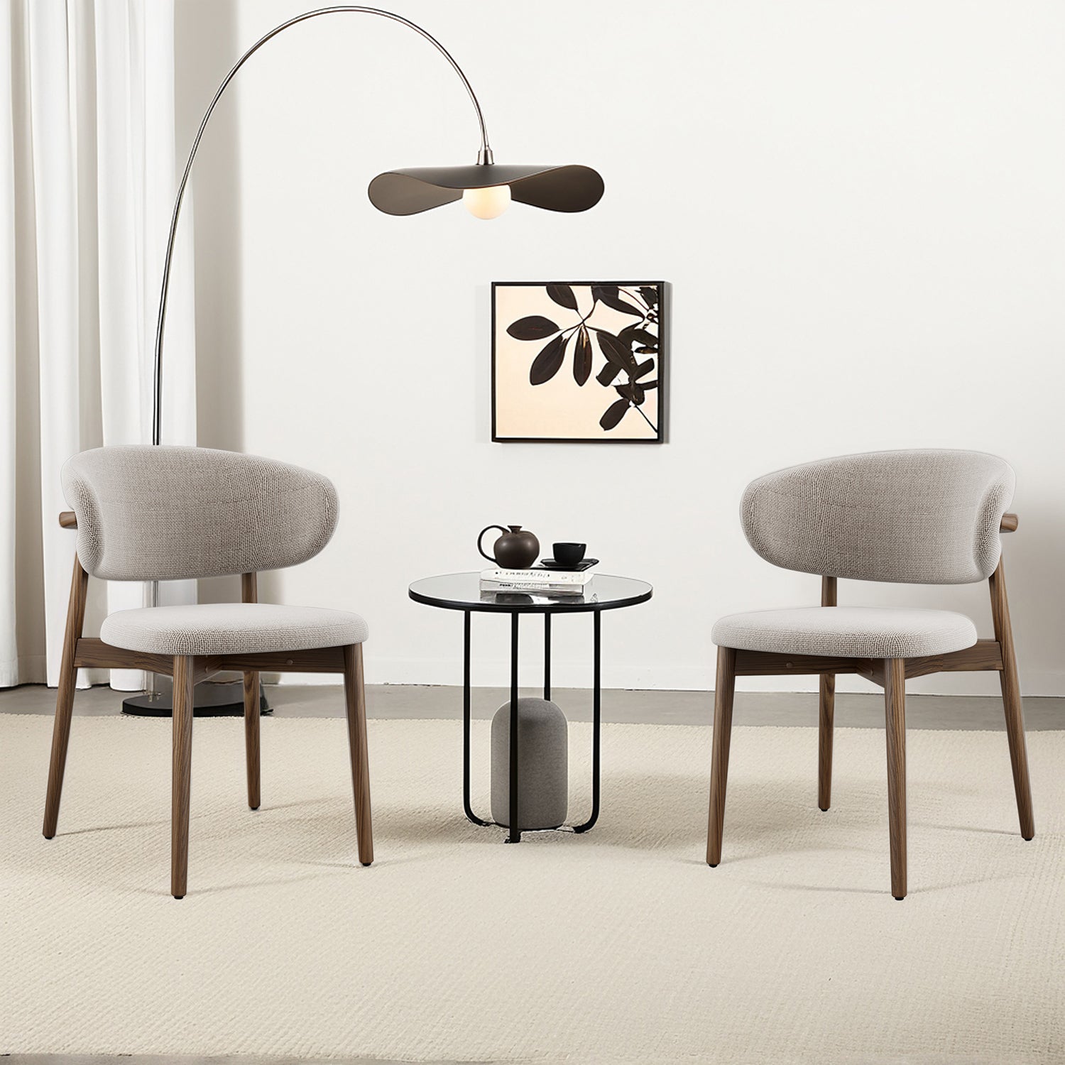 Modern Solid Wood Dining Chairs Set of 2 with Curved Back, Ergonomic Upholstered Seat, Natural Wood Legs with Adjustable Anti-Slip Foot Pad