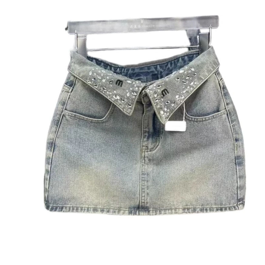 Summer Womens Denim Short Skirt Designer Light Blue Skirt Women Heavy industry Rhinestone Letter Graphic Denim skirts Slim Denim Holiday Skirts