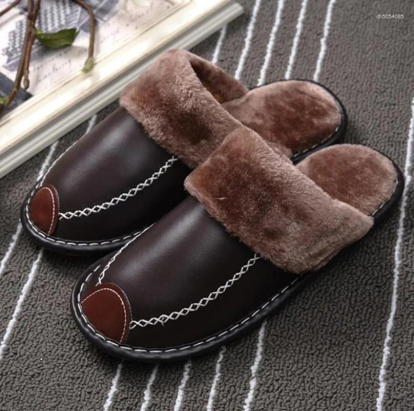 Slippers Men Women Winter Leather Bedroom Cotton Male Waterproof Thick Plus Velvet Indoor Warm House Home Shoe