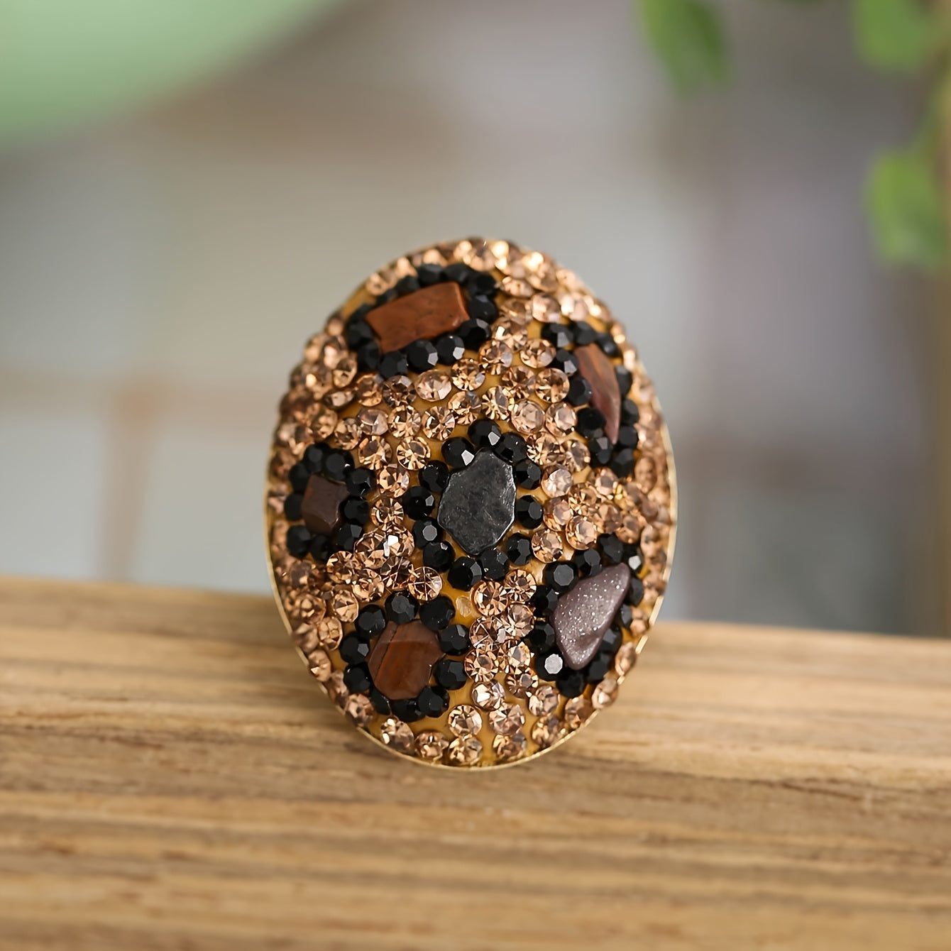 TEMU 1pc Vintage Leopard Print Ring For Women – Stylish Golden-tone Copper Band With Black, Brown & Amber Gemstones, Casual Attire Or Parties