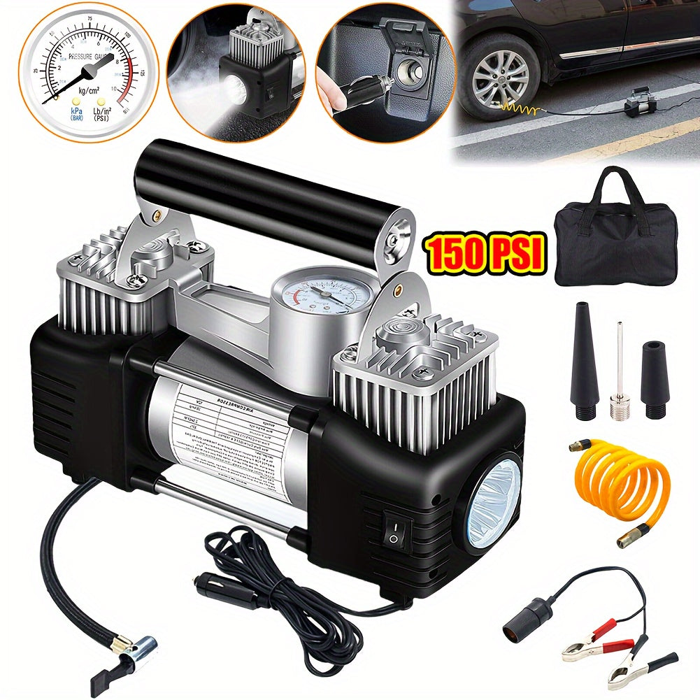TEMU 150psi Portable 12v Car Truck Air Compressor Heavy Duty Electric Vehicle Tire Inflator Portable Dual Purpose Air Pump, Without Battery