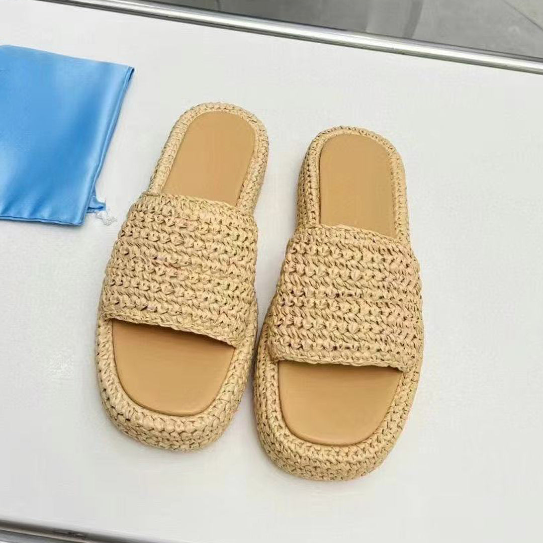 Designer Sandals Women Platform Heels Straw Sandal Summer Beach Slippers Leather Thick Bottom Slip On Fashion Sandles Casual Shoes Size 35-42