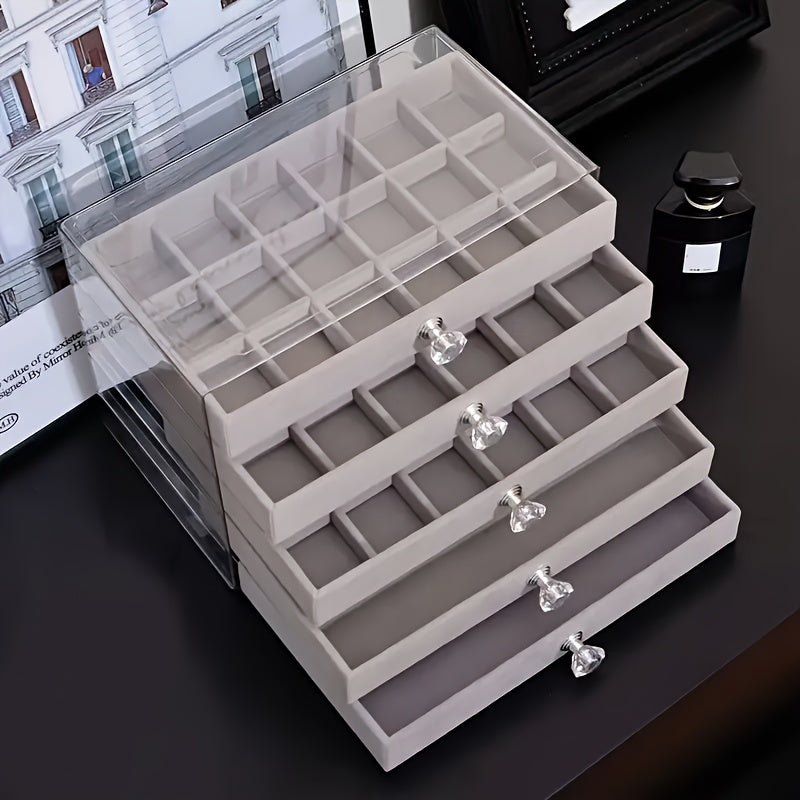 TEMU 5-layer Transparent Plastic Jewelry Storage Box - Dust-proof Desktop Organizer With Multi-compartment Drawers For Earrings, Hair Clips, Brooches