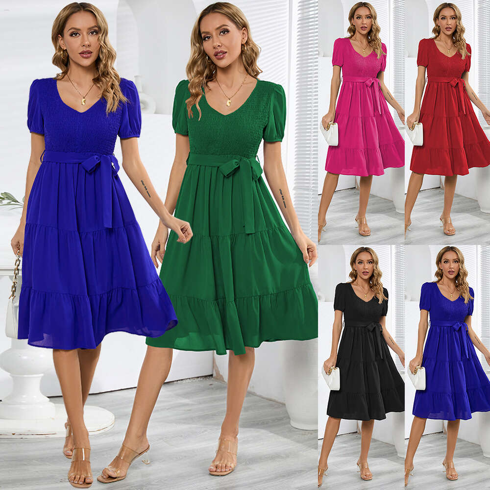 New 2024 Summer Women&#039;s Round Neck Short Sleeves Slim Fit Large Swing Combination Cake Casual Dress
