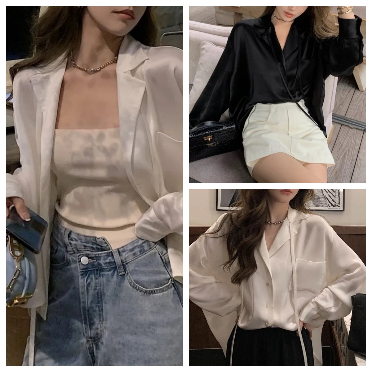 Women Silk Blouses Mens Designer Tshirts with Letters Embroidery Fashion Long Sleeve Tee Shirts Casual Tops Clothing Black White