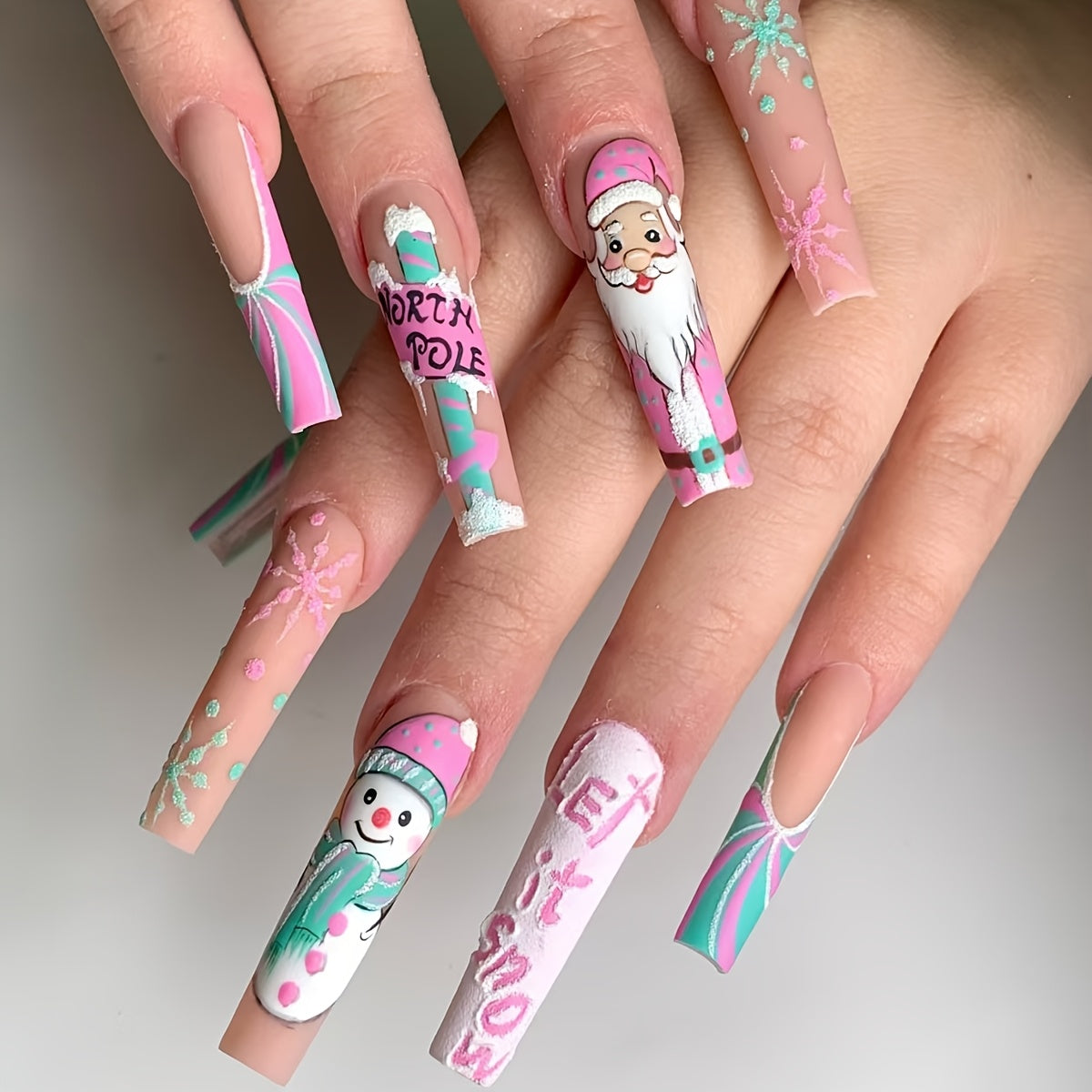 TEMU 24pcs Christmas Press-on Nails Long Oval Glossy Fake Nails With Santa Snowflakes & "" Designs - Holiday Nail Art For Women & S, Includes Jelly