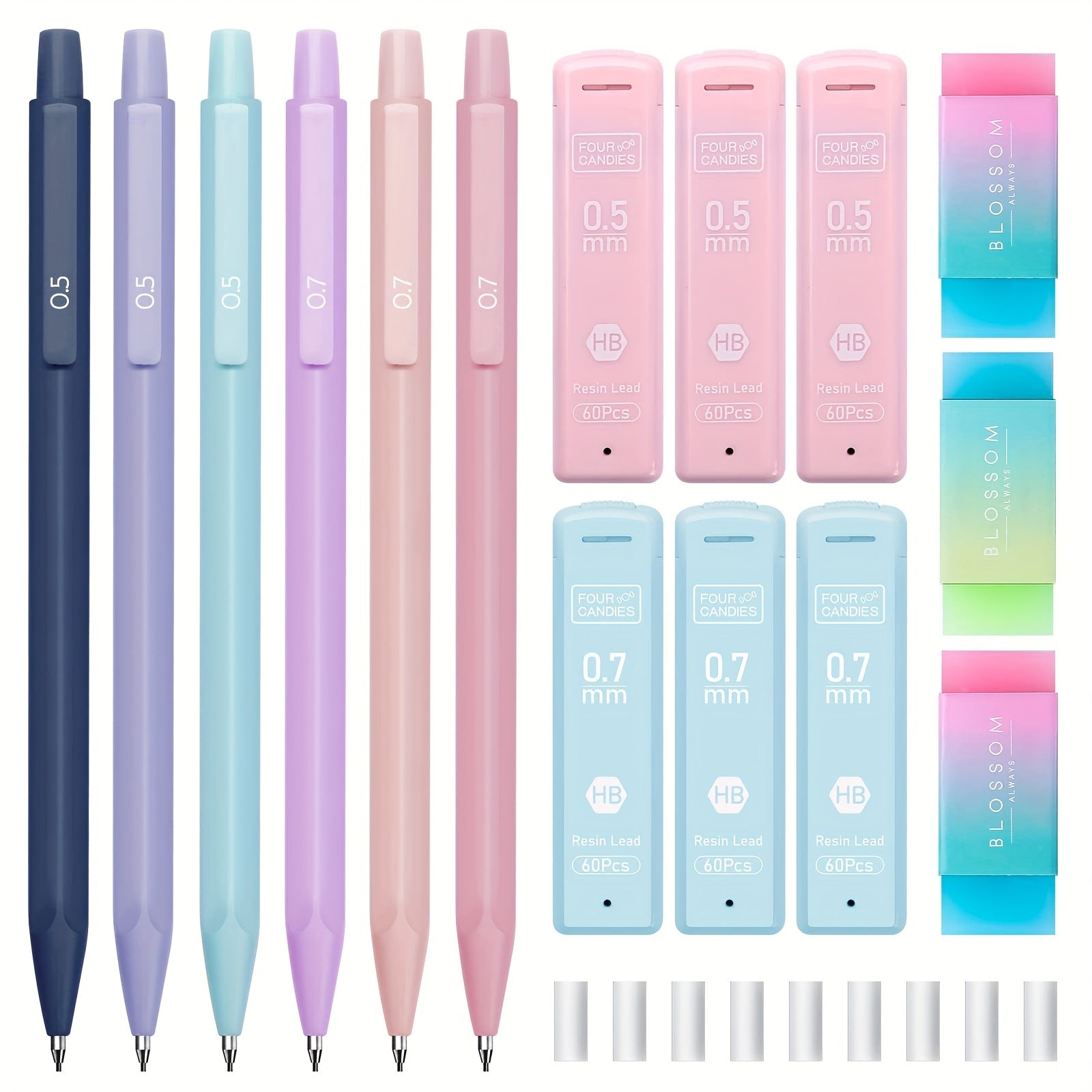 TEMU 4 Candies Cute Mechanical Pencil Set, 6pcs Pastel Mechanical Pencils 0.5 & 0.7mm With 360pcs Hb Pencil Leads, 3pcs Erasers And 9pcs Eraser