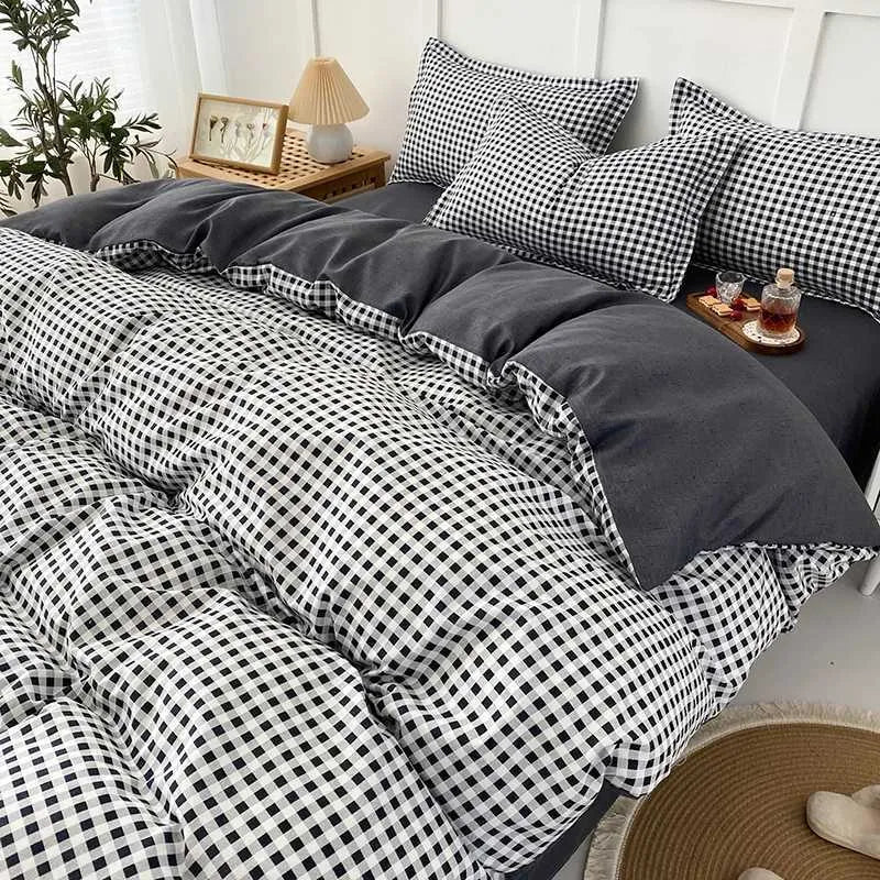 Black White Small Checks Printed Bed Set Floral Duvet Cover case Bedding Set Bed Sheet Quilt Cover Single Queen King SizeC241207