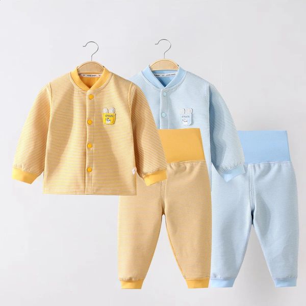 Autumn Infant Girl 2PCS Pajamas Set Patched V-collar Baby Girl Sleepwear Cardigan Loose Stripe High Waist born Girl Pant Suit 240921