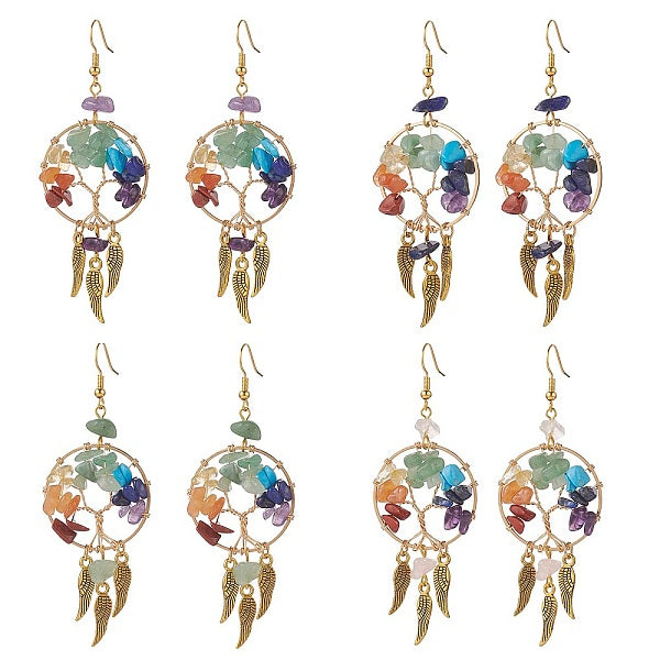 Gemstone Chips Beaded Tree of Life Chandelier Earrings
