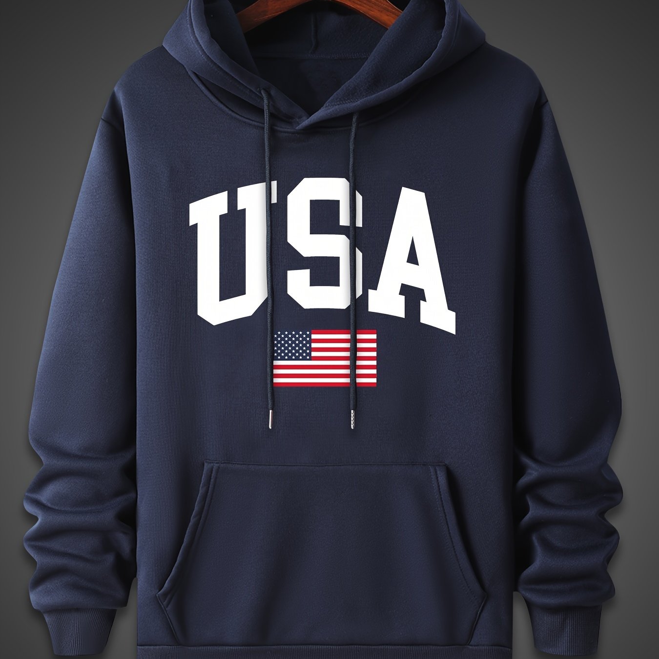 TEMU Usa Flag Print Hooded Sweatshirt - Heavyweight Casual Pullover Hoodie With , Stars & Stripes Pocket, Regular Fit For Casual Attire, & Outdoor