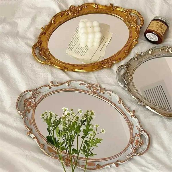 European Decorative Plate Storage Tray Portable Oval Plate Jewelry Display Decor Candy Tray Vintage Make Up MirrorXJ241209