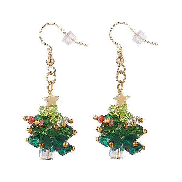 Boucles d'oreilles pendantes sapin de noël tressées en perles de verre