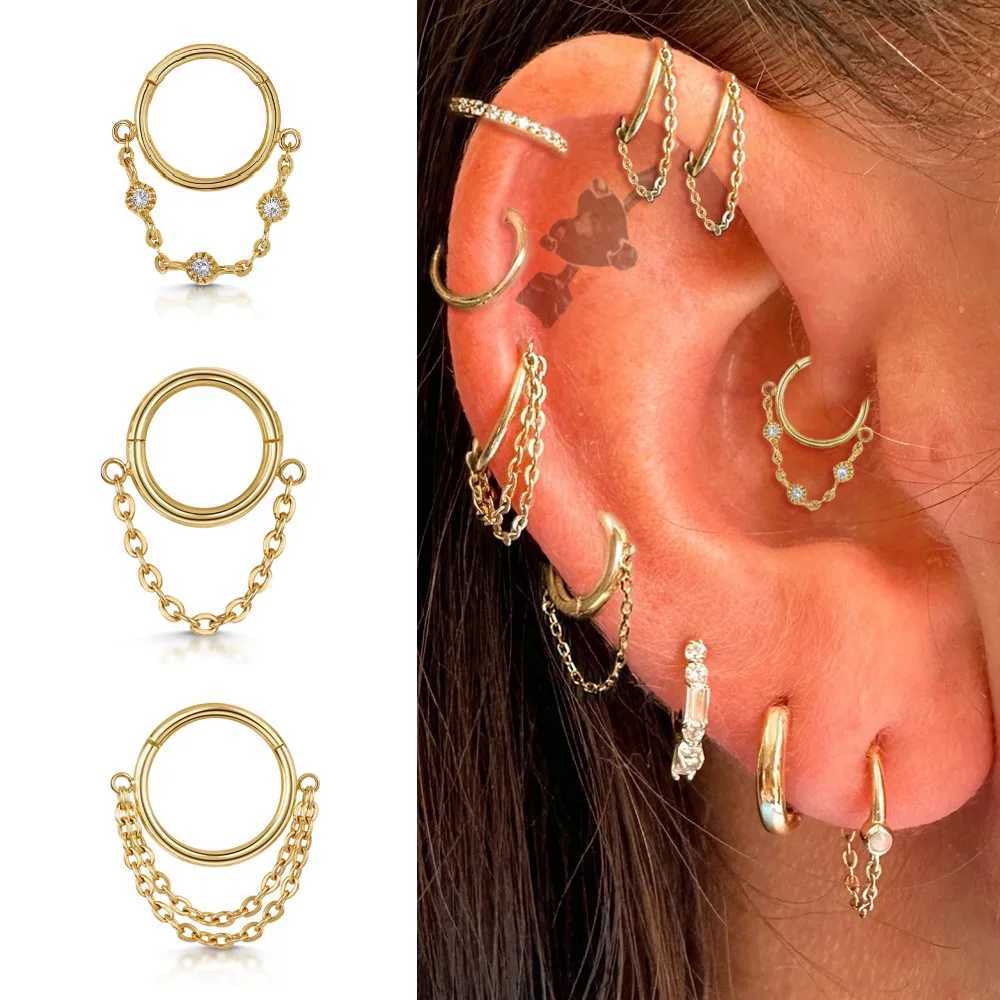Titanium Steel Circle Pendant Tassel Women Girl Zircon Tragus Ear Hoops Cartilage Daith Septum Piercing Earrings Helix Jewelry Y240921