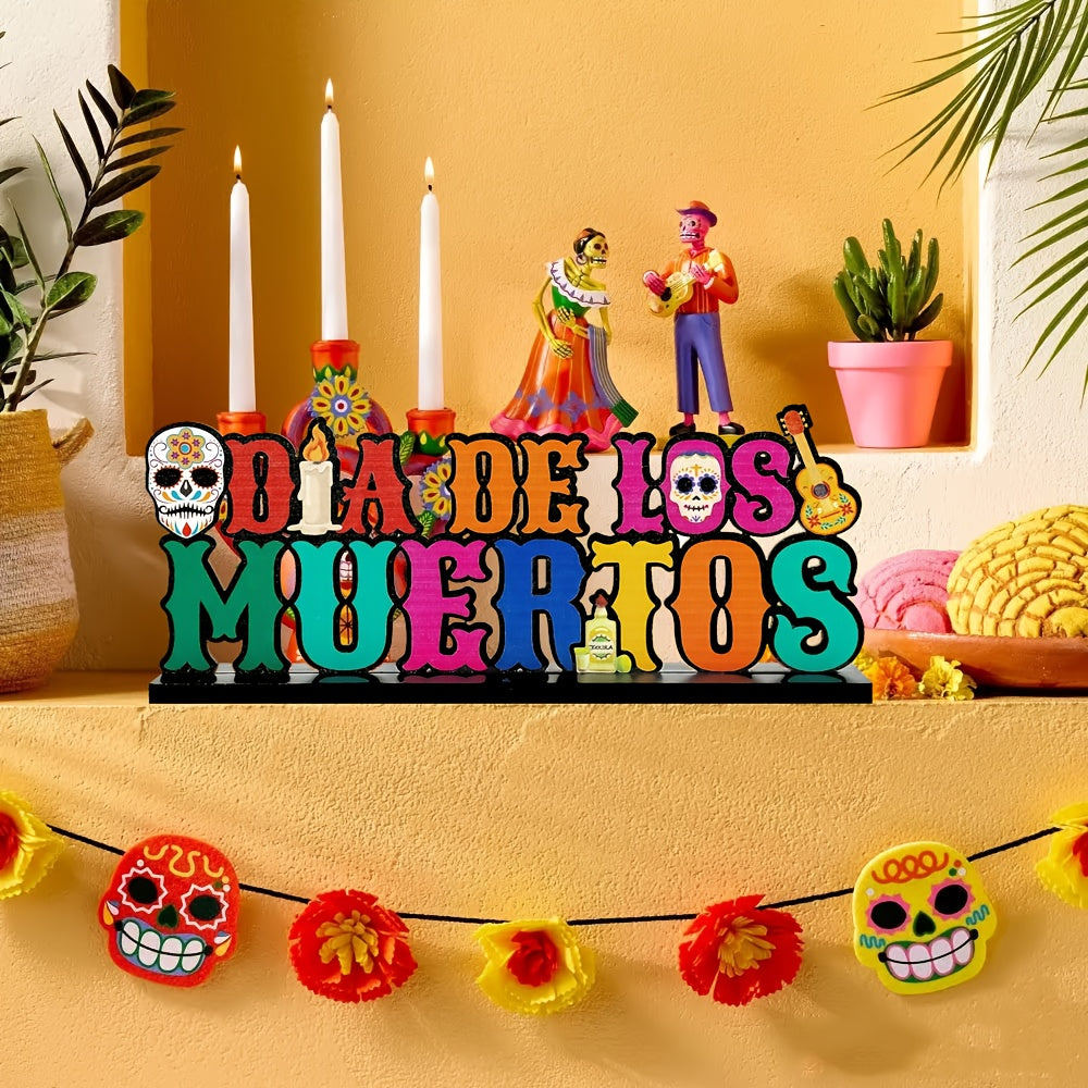 TEMU 2d Flat, 1pc Wooden Table Centerpiece - Artificial Wood Decor With Vibrant Mexican , & Marigold Flowers, Detachable Desktop Decoration For