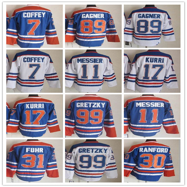 Edmonton Vintage Hockey Jerseys 99 Wayne Gretzky 11 Mark Messier 30 Bill Ranford 7 Paul Coffey 89 Sam Gagner 17 Jari Kurri 31 Grant Fuhr Stitched CC