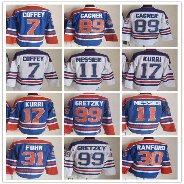 Edmonton Vintage Hockey Jerseys 99 Wayne Gretzky 11 Mark Messier 30 Bill Ranford 7 Paul Coffey 89 Sam Gagner 17 Jari Kurri 31 Grant Fuhr Sti