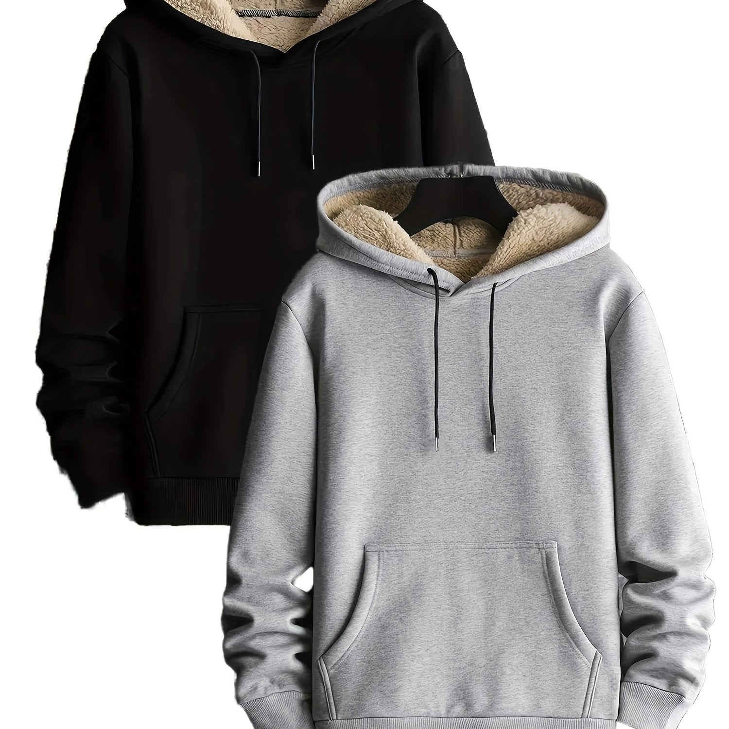 TEMU 2pcs Men's & Women's Thermal Hooded Sweatshirt - Heavy-duty Winter With Kangaroo Pocket, Full-zip Hoodie, Machine Washable - Casual Pullover For