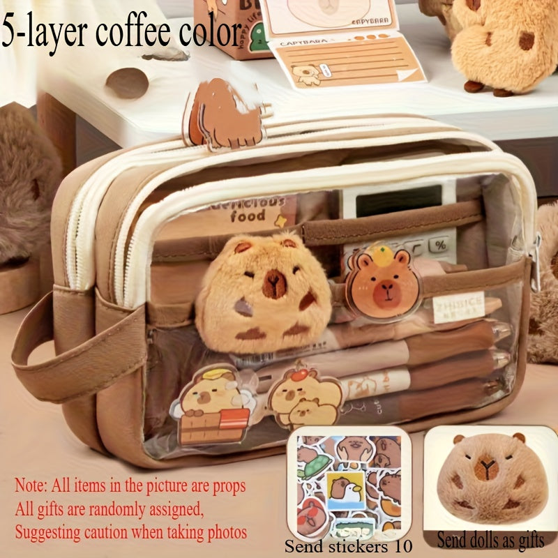 TEMU Large Capacity Capybara Canvas Pencil Case Set (including Dolls, Stickers, And Accessories) - Multi Layer Design, Zipper Closure - School