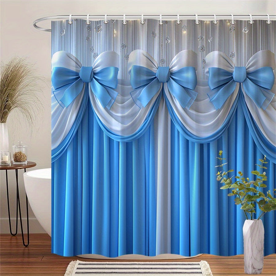 TEMU Elegant Blue And White Shower Curtain With Bows And Fairy Lights, Sophisticated Vertical Silvery-patterned Design, 179, 98x179, 98cm, 12 Hooks