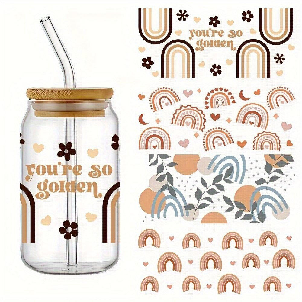 TEMU 4pcs-set Boho Rainbow Uv Dtf Cup Wraps Transfer Printing Waterproof Self-adhesive For Mug Water Bottle Cup,dtf Transfer For 16oz Glass Can