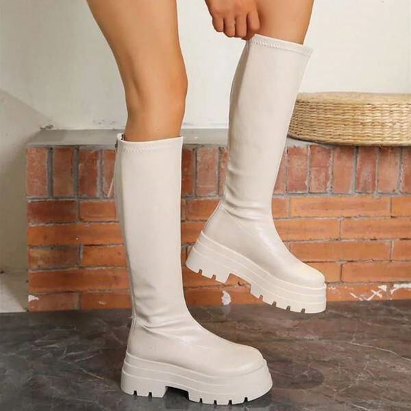 Boots Chelsea Long Boots For Women Platform Thick Sole High Heels Womens Winter Motorcycle Knee High Boots Punk Elastic Ladies Shoes 240611