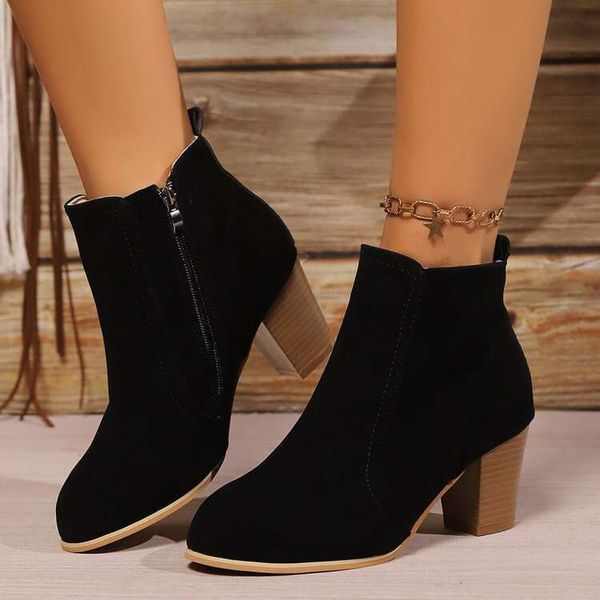 Large round toe mid heel zipper fashion 2024 autumn-winter new color polished women&#039;s boots temu