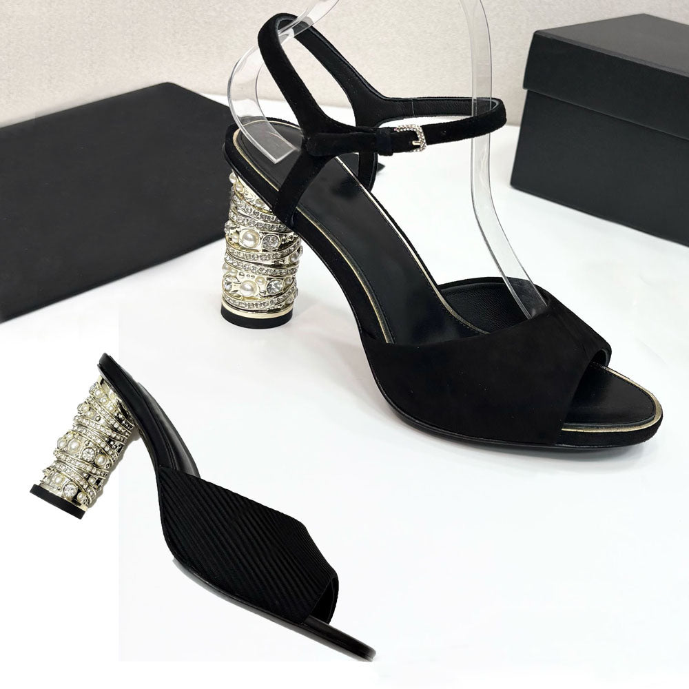 heels Crystal Diamond Sandals women designer Sandal womens shoes summer fashion Belt buckle Thick heeled shoes with high heels Leather woman shoe si