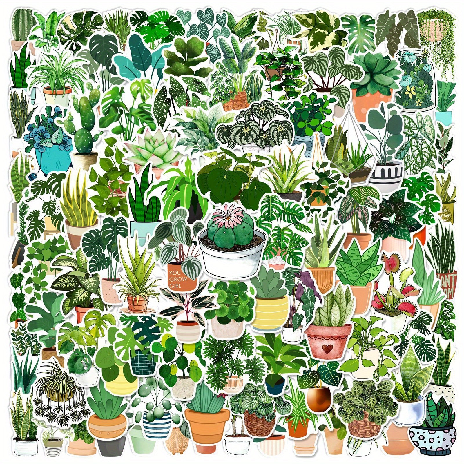 TEMU 100pcs Green Potted Plants Graffiti Stickers, Waterproof Decals For Laptops, Helmets, Skateboards, Diy Creative Decor, Glossy Finish, Irregular