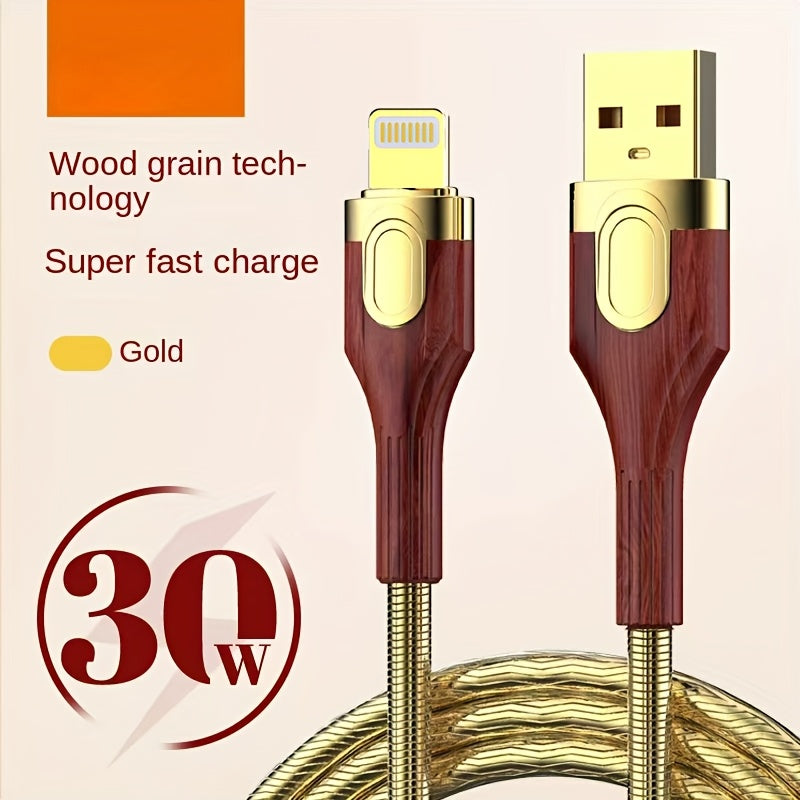 TEMU 30w Super Fast Charging Cable With Wood Grain Design, Braided Golden Connector - Durable Usb-type-c Phone Charger