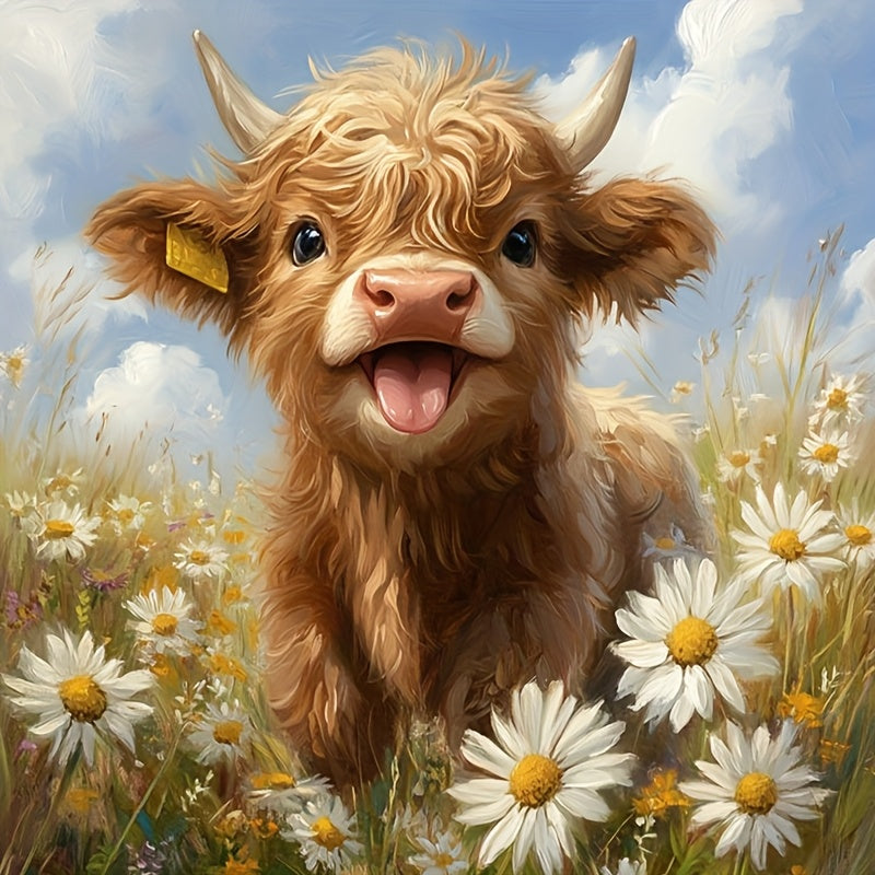 TEMU Highland Cow And Daisy Flower 5d Diamond Painting Kit - Round Drill Diy Art, Frameless 11.8" X 11.8", Decor, Ideal Gift, Tabletop