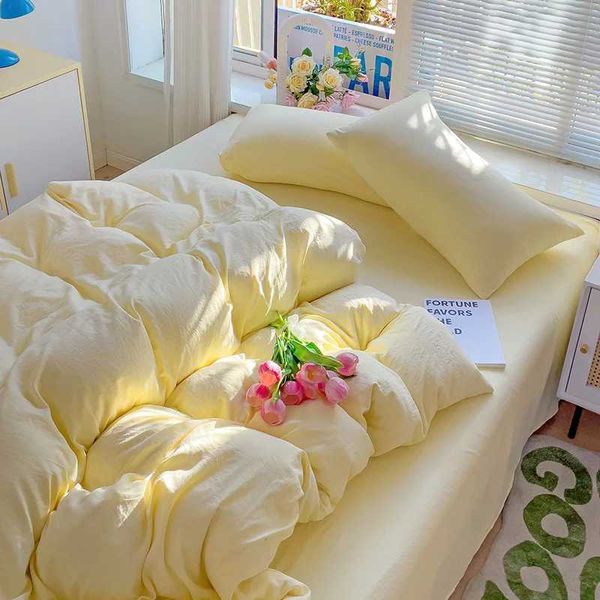 High Quality INS Style Solid Color Bedding Set Washed Cotton Bed Linen Yellow Duvet Cover Flat Sheet case Girls BedclothesC250111