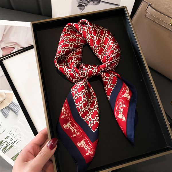 70X70cm Simple Geometry Print Floral imitate Silk Scarf Headband for Women Girls Fashion Long Handle Bag Scarves Paris Shoulder Tote Luggage