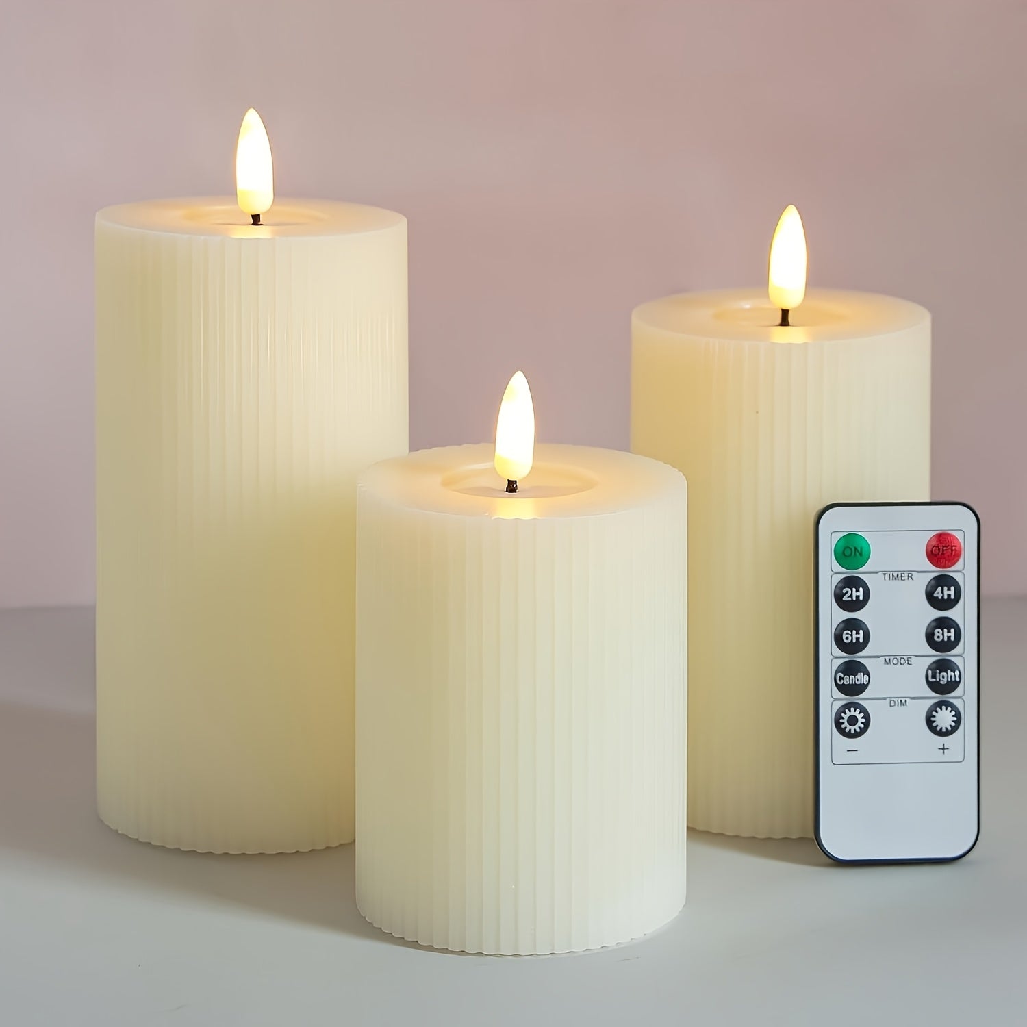 TEMU 3pcs Led Flameless Candles With Remote Dimmer, Battery-powered, Vertical Striped 3d Wick Flickering Column Candles, Suitable For Halloween,