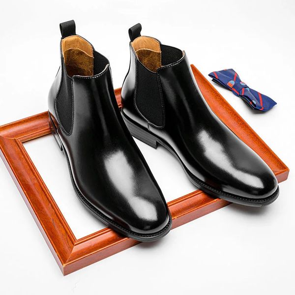 Elegante Chelsea Boots Genuine Cow Leather Men Shoes Shoes com banda elástica Black Slip em botas de moda de negócios formais para homens 24