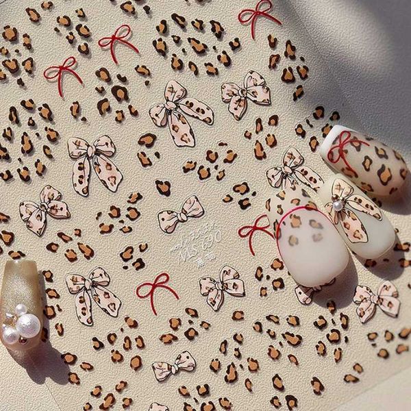 French Leopard Print Bowknot Lace Ribbon Rhinestone Pearl Bow Tie Simple White Black Nail Art Stickers Decoration Manicure DecalXJ250120