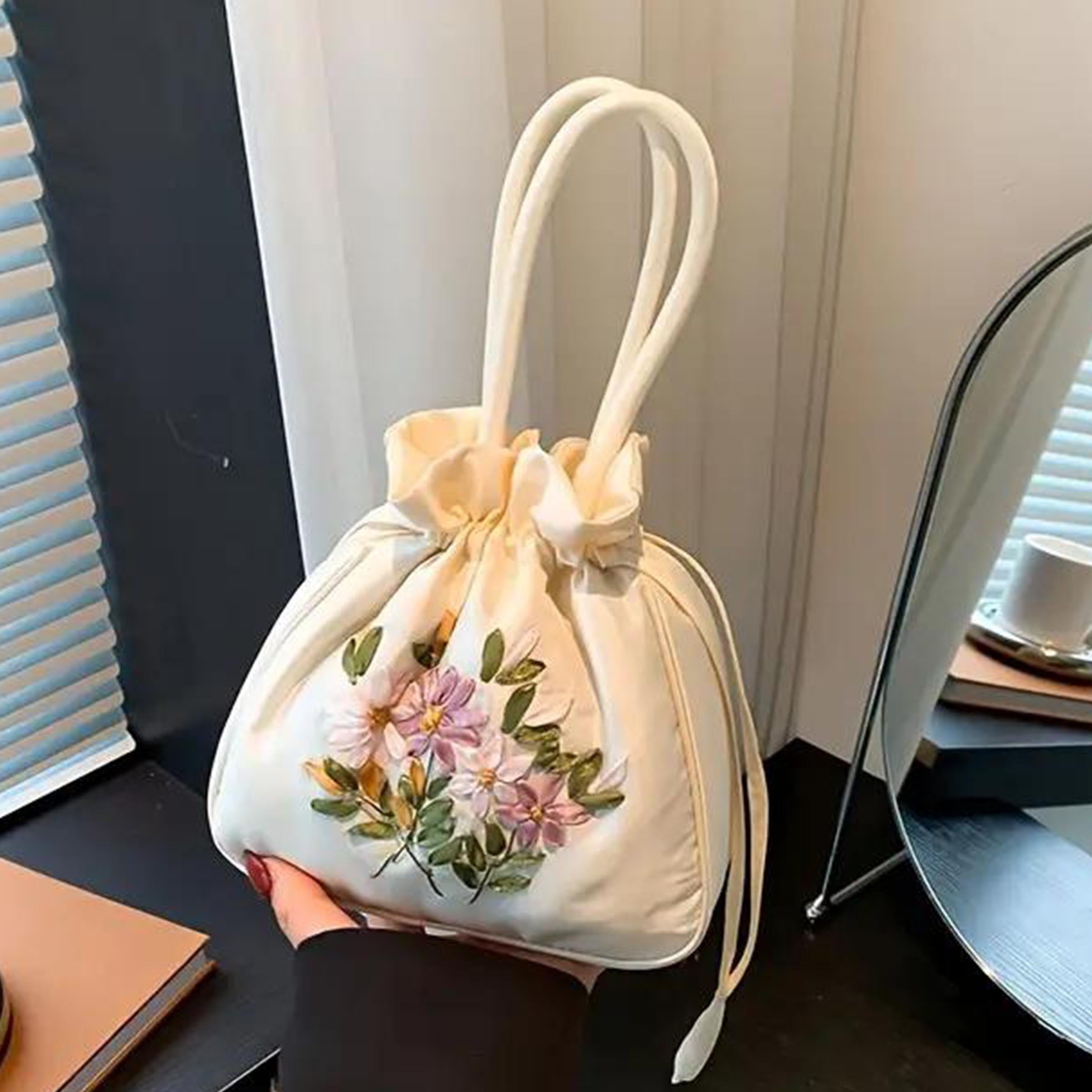 TEMU Retro Embroidery Drawstring Handbags Storage Bags Wo Purse Handbags Card Holder Bucket Handbag Wrist Bags