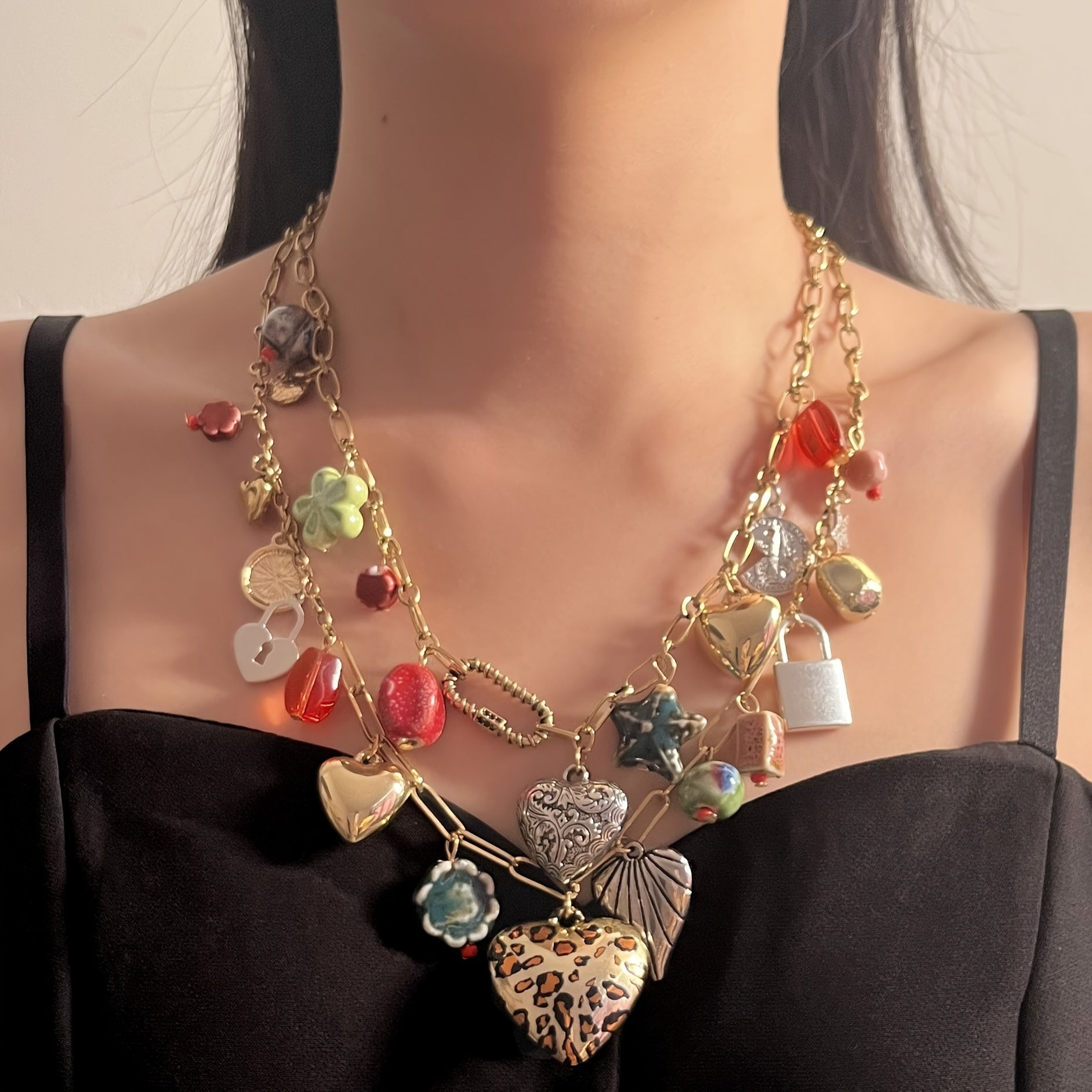 TEMU Boho-chic Vintage Double Layer Alloy Necklace With Assorted Pendants - Casual Attire & Gifting