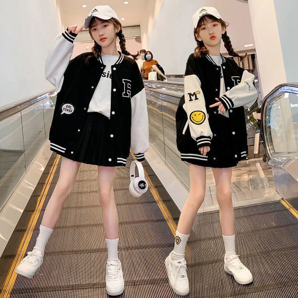 Girls Korean Style Autumn Baseball Jacket Casual Teenager Leisure Bomber Quilted Coats 2024 School Uniform Kids Clothes Polyester Beige